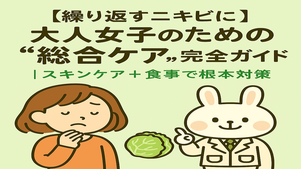 「繰り返すニキビに悩む大人女子のための総合ケアガイド」記事のアイキャッチ画像。すずちゃん（オレンジの服の女性）と白衣を着たうさぎの薬剤師みどりんが登場し、肌・スキンケア・食事・紫外線対策の重要性をやさしく伝える構成。背景はやわらかな緑色。